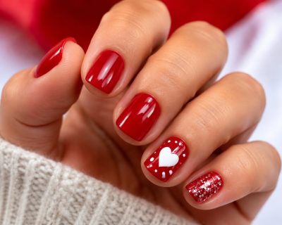 Uñas Corazón Patriota con Base Glitter (Look Juvenil)