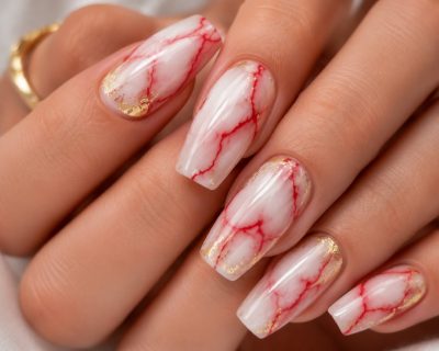 Uñas Mármol en Rojo y Blanco con Acentos Dorados (Look Sofisticado)